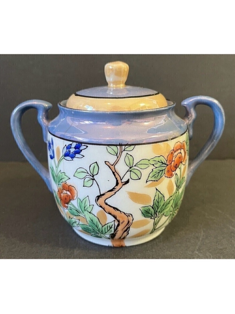 Chikaramachi Porcelain Hand Painted Blue Floral Art Deco Sugar Bowl Mustard Jar